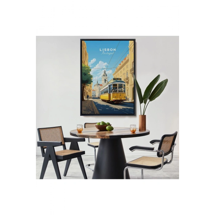 Ahşap Çerçeveli Portekiz Lizbon Sarı Tramvay Tablosu-7972