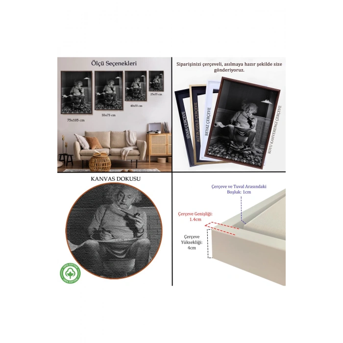 Ahşap Çerçeveli Albert Einstein - Tuvalette Pipo İçen Albert Tablo-7746