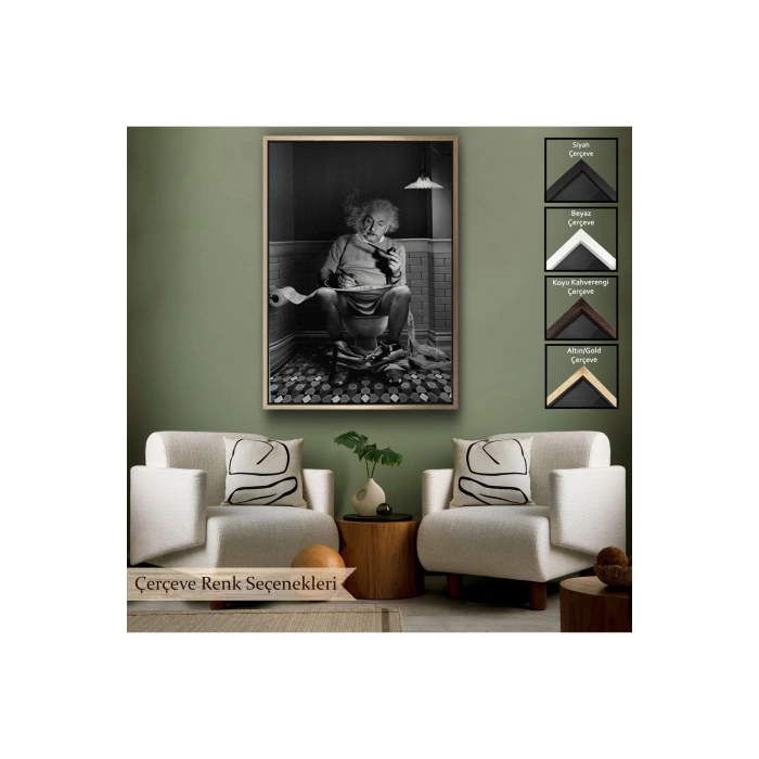 Ahşap Çerçeveli Albert Einstein - Tuvalette Pipo İçen Albert Tablo-7746