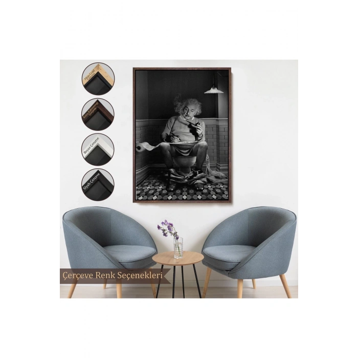 Ahşap Çerçeveli Albert Einstein - Tuvalette Pipo İçen Albert Tablo-7746