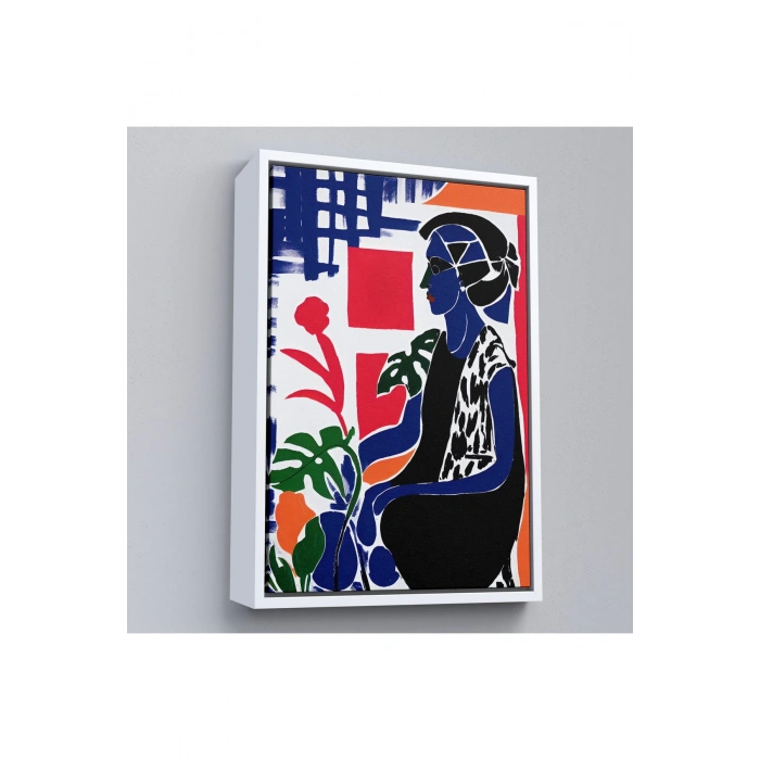 Ahşap Çerçeveli Yeşil Yapraklı Monstera Ve Kadın Tablosu-7989