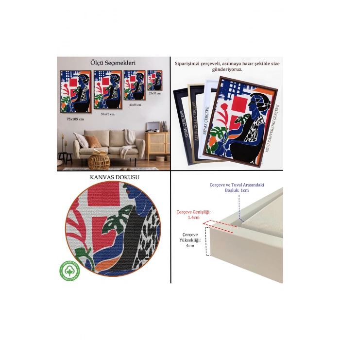 Ahşap Çerçeveli Yeşil Yapraklı Monstera Ve Kadın Tablosu-7989