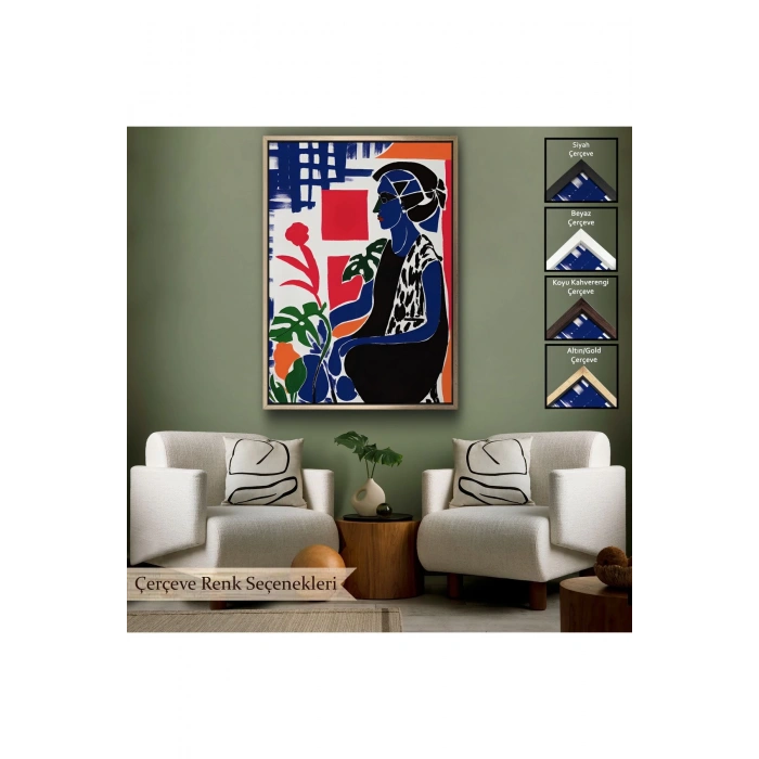 Ahşap Çerçeveli Yeşil Yapraklı Monstera Ve Kadın Tablosu-7989