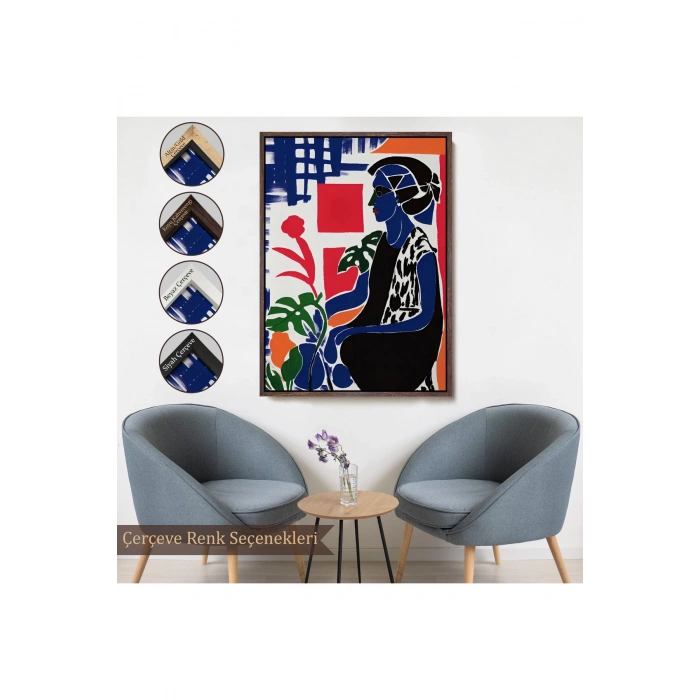 Ahşap Çerçeveli Yeşil Yapraklı Monstera Ve Kadın Tablosu-7989