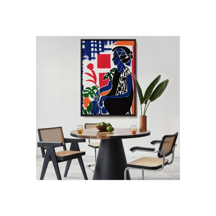 Ahşap Çerçeveli Yeşil Yapraklı Monstera Ve Kadın Tablosu-7989