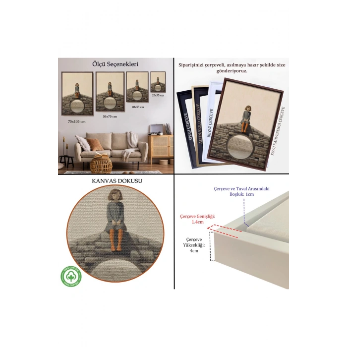 Ahşap Çerçeveli Duvarda Oturan Yalnız Kız Tablo-7535