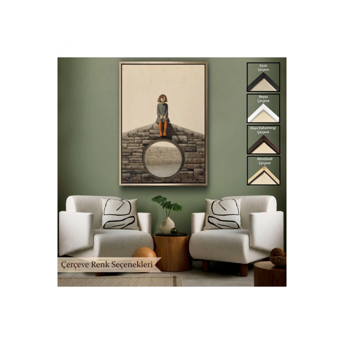 Ahşap Çerçeveli Duvarda Oturan Yalnız Kız Tablo-7535