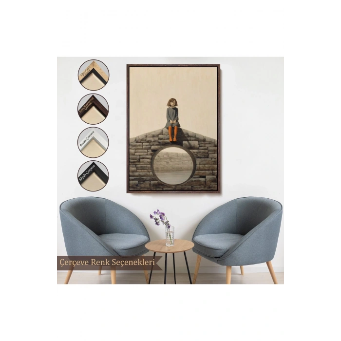 Ahşap Çerçeveli Duvarda Oturan Yalnız Kız Tablo-7535