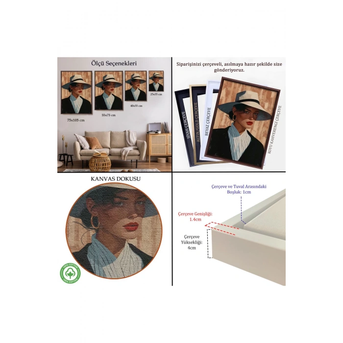 Ahşap Çerçeveli Keskin Bakışlı Güzel Kadın Tablo-7593