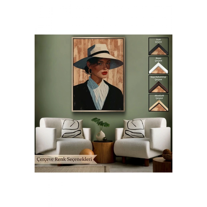 Ahşap Çerçeveli Keskin Bakışlı Güzel Kadın Tablo-7593