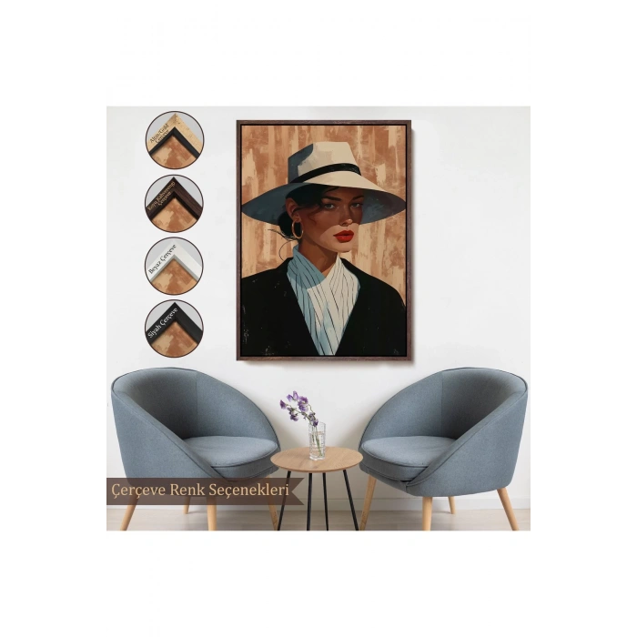 Ahşap Çerçeveli Keskin Bakışlı Güzel Kadın Tablo-7593