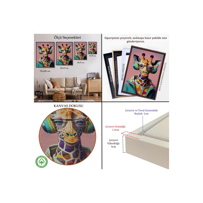 Ahşap Çerçeveli Sevimli Zürafa Tablosu-7954