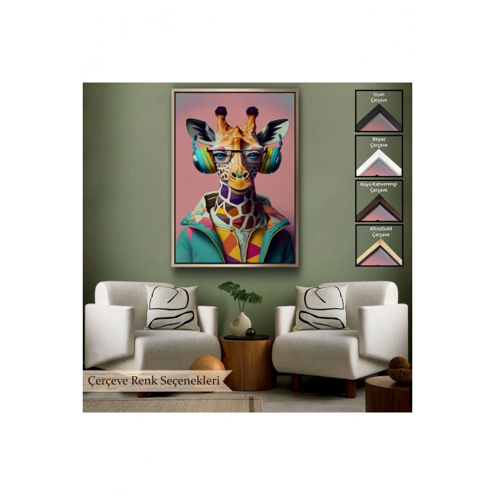 Ahşap Çerçeveli Sevimli Zürafa Tablosu-7954