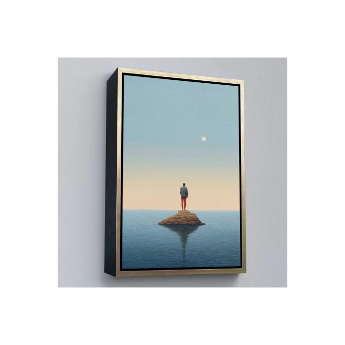 Ahşap Çerçeveli Denizin Ortasında Yalnız Adam Tablosu-7538