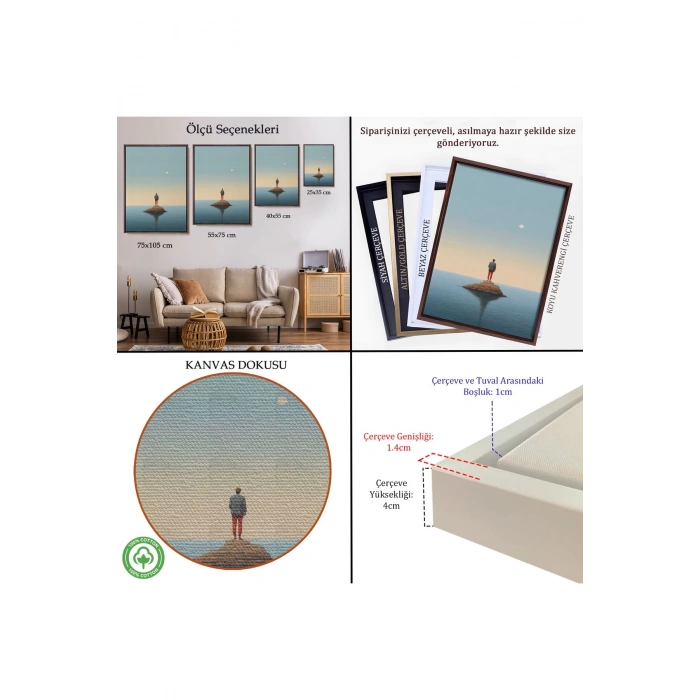 Ahşap Çerçeveli Denizin Ortasında Yalnız Adam Tablosu-7538