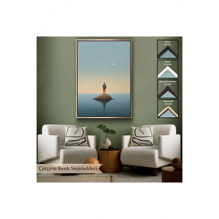 Ahşap Çerçeveli Denizin Ortasında Yalnız Adam Tablosu-7538