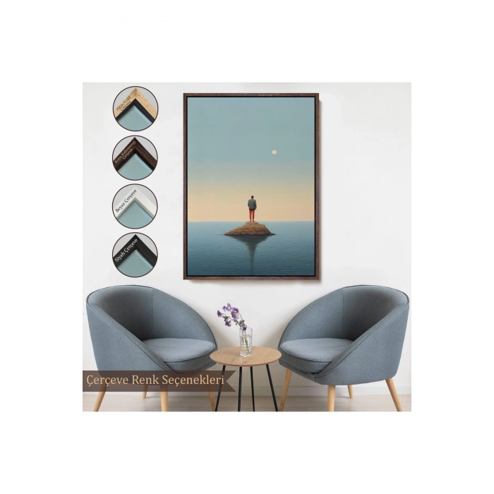 Ahşap Çerçeveli Denizin Ortasında Yalnız Adam Tablosu-7538