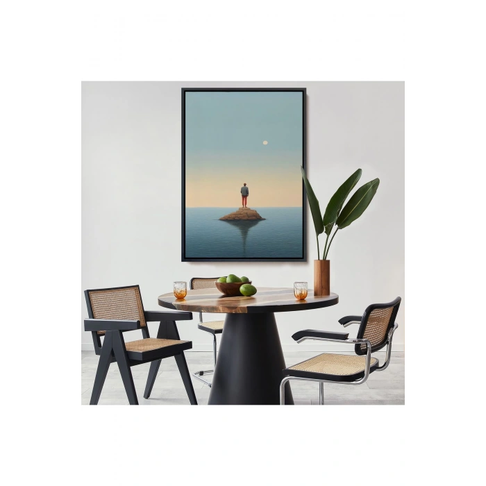 Ahşap Çerçeveli Denizin Ortasında Yalnız Adam Tablosu-7538