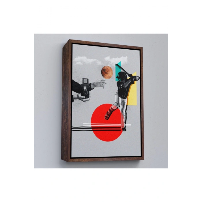 Ahşap Çerçeveli Beyzbol Sporcusu Ve Kamera Tutan Retro Eller Tablosu-7917