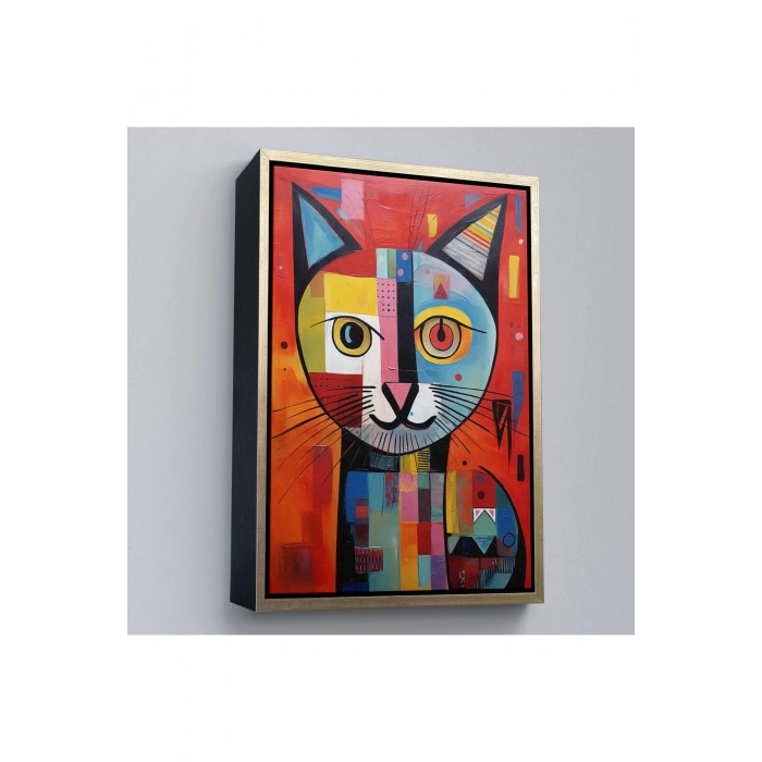 Ahşap Çerçeveli Pablo Picasso Tarzı - Soyut Renkli Kedi Tablo-7372