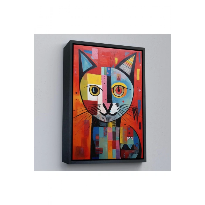Ahşap Çerçeveli Pablo Picasso Tarzı - Soyut Renkli Kedi Tablo-7372