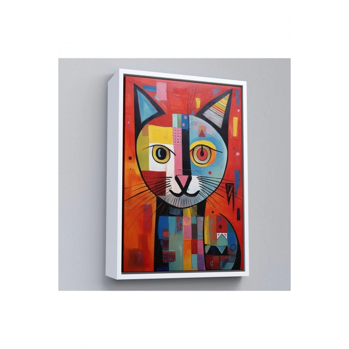 Ahşap Çerçeveli Pablo Picasso Tarzı - Soyut Renkli Kedi Tablo-7372