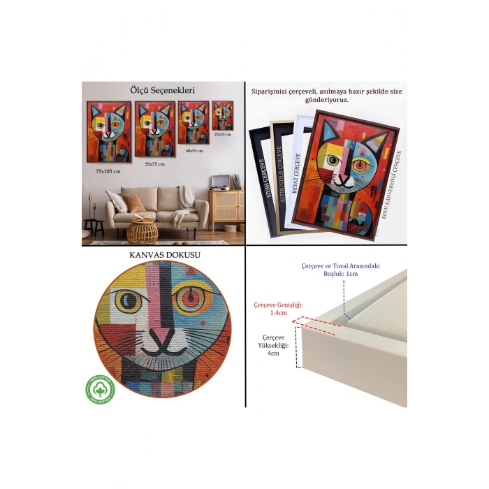 Ahşap Çerçeveli Pablo Picasso Tarzı - Soyut Renkli Kedi Tablo-7372