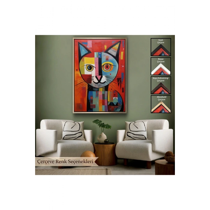 Ahşap Çerçeveli Pablo Picasso Tarzı - Soyut Renkli Kedi Tablo-7372
