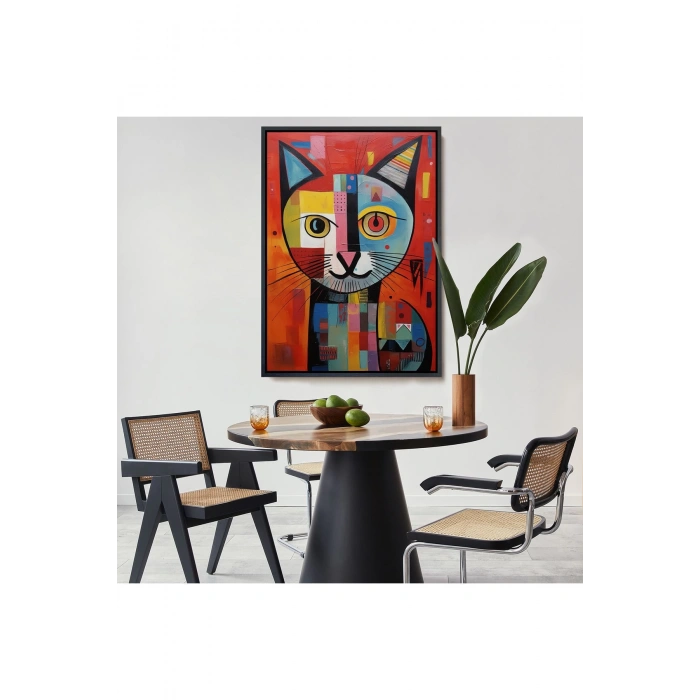 Ahşap Çerçeveli Pablo Picasso Tarzı - Soyut Renkli Kedi Tablo-7372