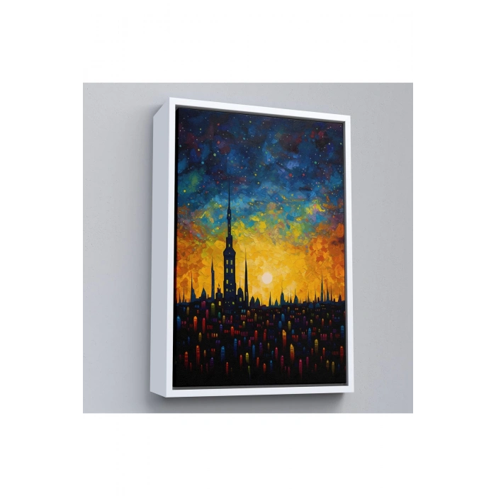 Ahşap Çerçeveli Günbatımı Şehir Manzarası Tablosu-7998