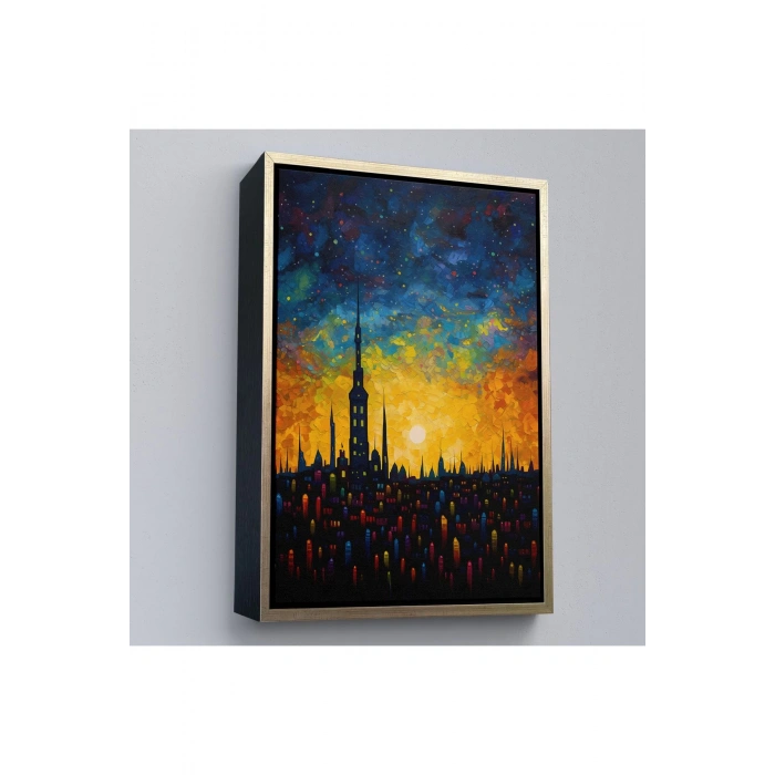 Ahşap Çerçeveli Günbatımı Şehir Manzarası Tablosu-7998