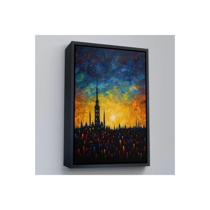 Ahşap Çerçeveli Günbatımı Şehir Manzarası Tablosu-7998