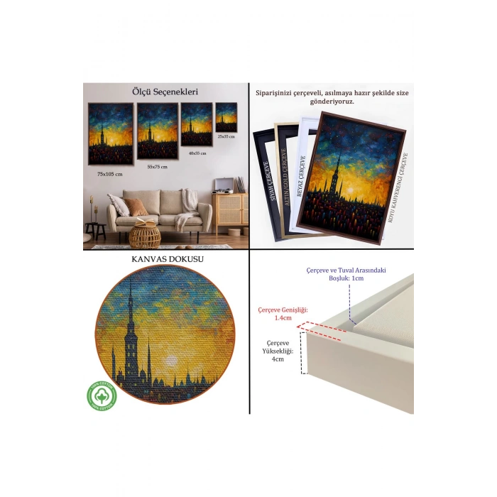 Ahşap Çerçeveli Günbatımı Şehir Manzarası Tablosu-7998
