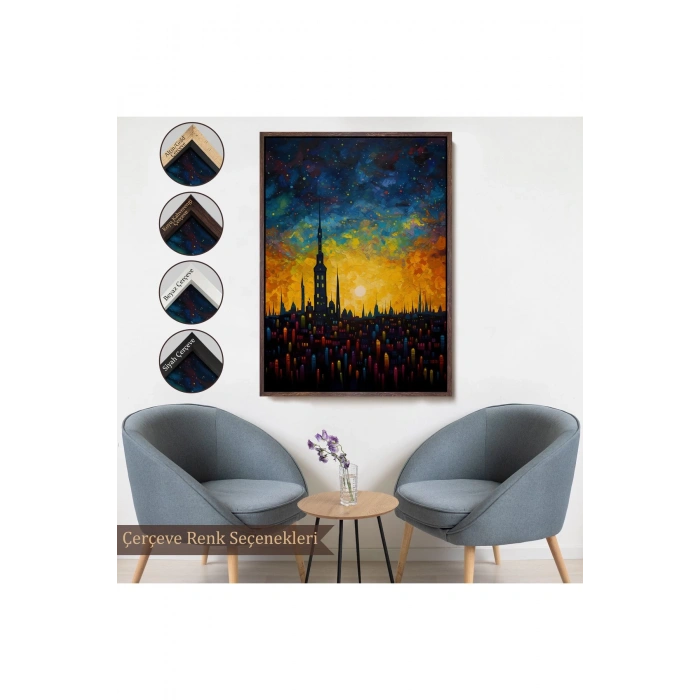 Ahşap Çerçeveli Günbatımı Şehir Manzarası Tablosu-7998