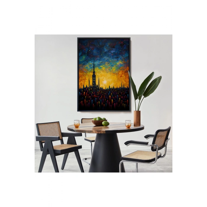 Ahşap Çerçeveli Günbatımı Şehir Manzarası Tablosu-7998
