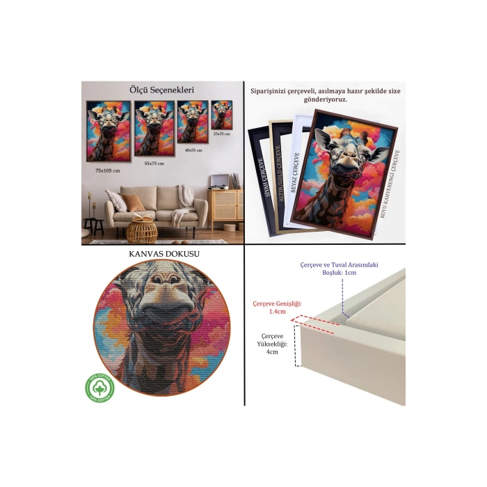 Ahşap Çerçeveli Sevimli Zürafa Tablosu-7773