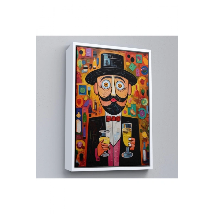 Ahşap Çerçeveli İçki Sunan Bıyıklı Adam Tablosu-8003