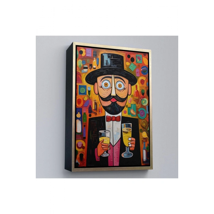 Ahşap Çerçeveli İçki Sunan Bıyıklı Adam Tablosu-8003