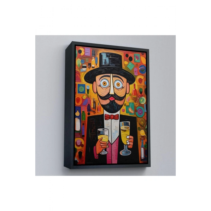 Ahşap Çerçeveli İçki Sunan Bıyıklı Adam Tablosu-8003