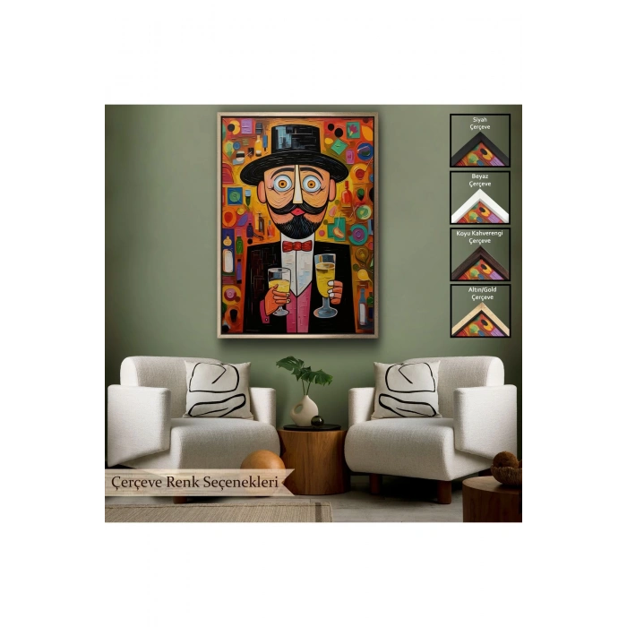 Ahşap Çerçeveli İçki Sunan Bıyıklı Adam Tablosu-8003