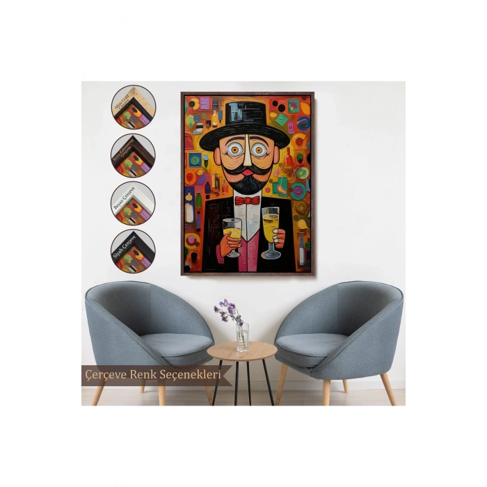 Ahşap Çerçeveli İçki Sunan Bıyıklı Adam Tablosu-8003