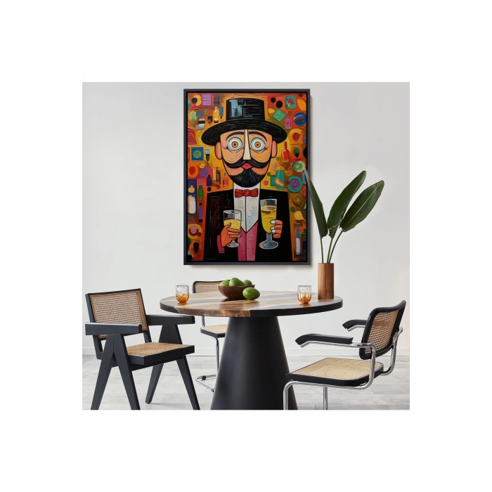 Ahşap Çerçeveli İçki Sunan Bıyıklı Adam Tablosu-8003