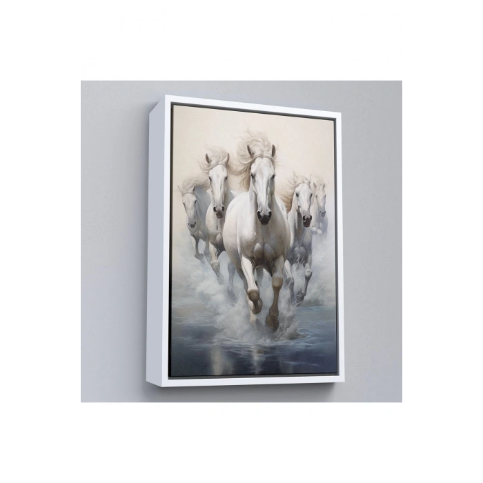 Ahşap Çerçeveli Suda Koşan Beyaz Atlar Tablosu-8000