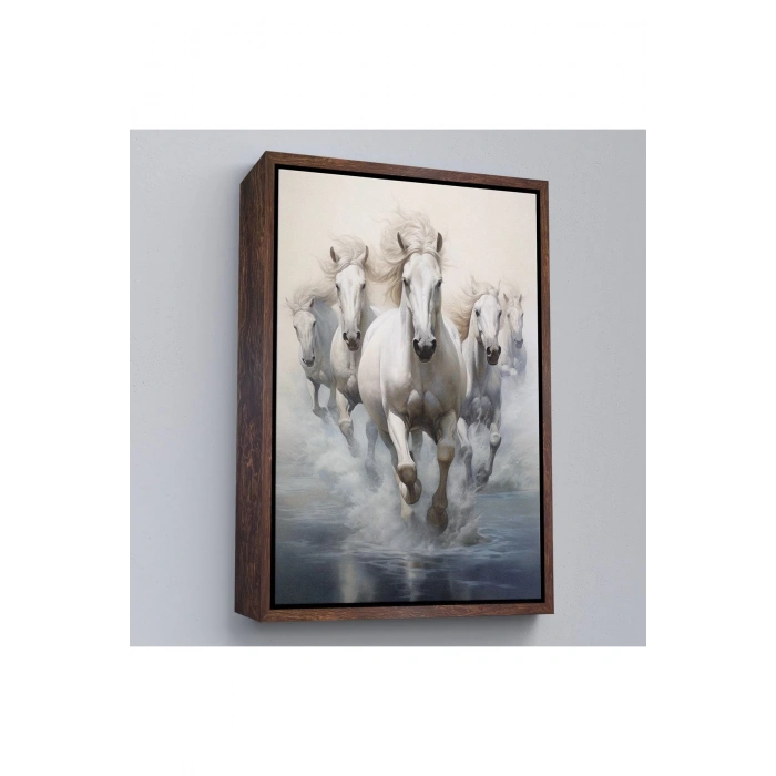 Ahşap Çerçeveli Suda Koşan Beyaz Atlar Tablosu-8000