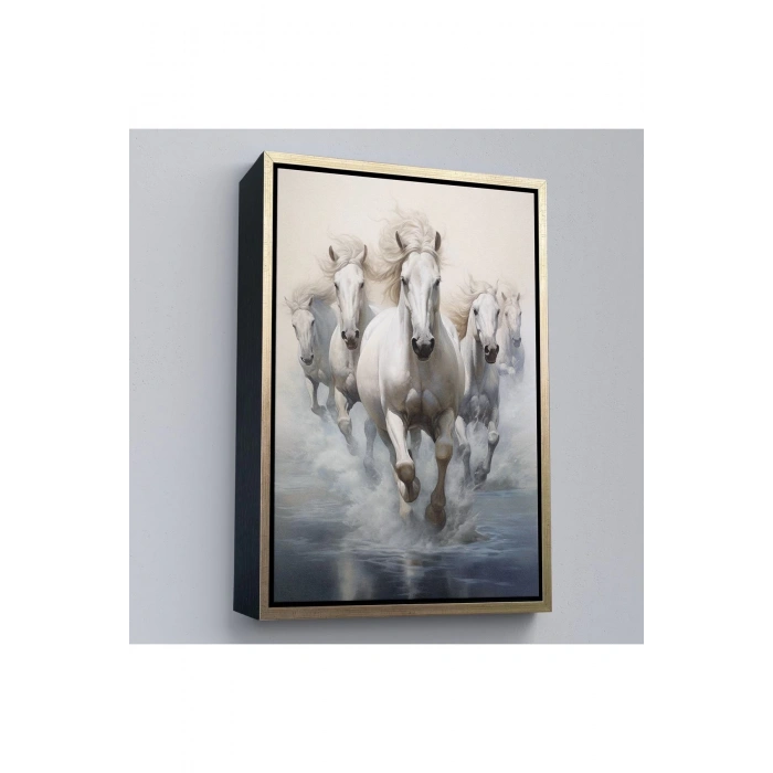Ahşap Çerçeveli Suda Koşan Beyaz Atlar Tablosu-8000