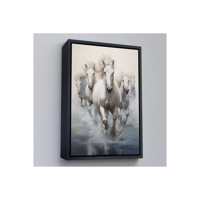 Ahşap Çerçeveli Suda Koşan Beyaz Atlar Tablosu-8000