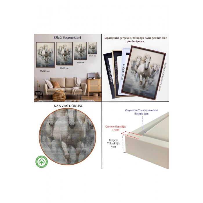 Ahşap Çerçeveli Suda Koşan Beyaz Atlar Tablosu-8000