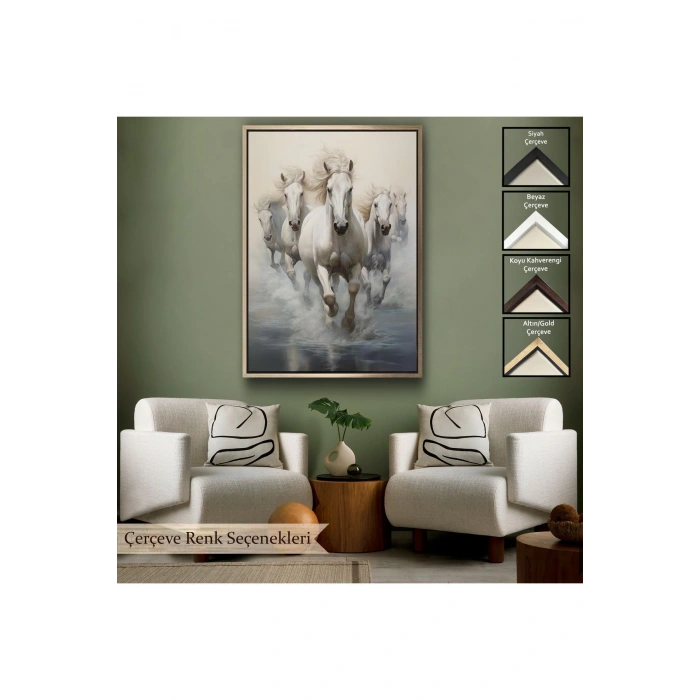 Ahşap Çerçeveli Suda Koşan Beyaz Atlar Tablosu-8000