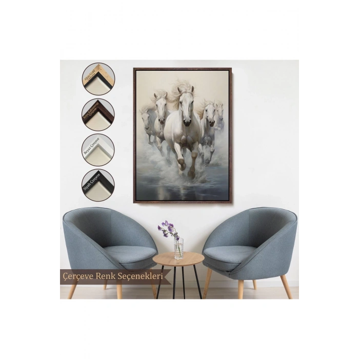 Ahşap Çerçeveli Suda Koşan Beyaz Atlar Tablosu-8000