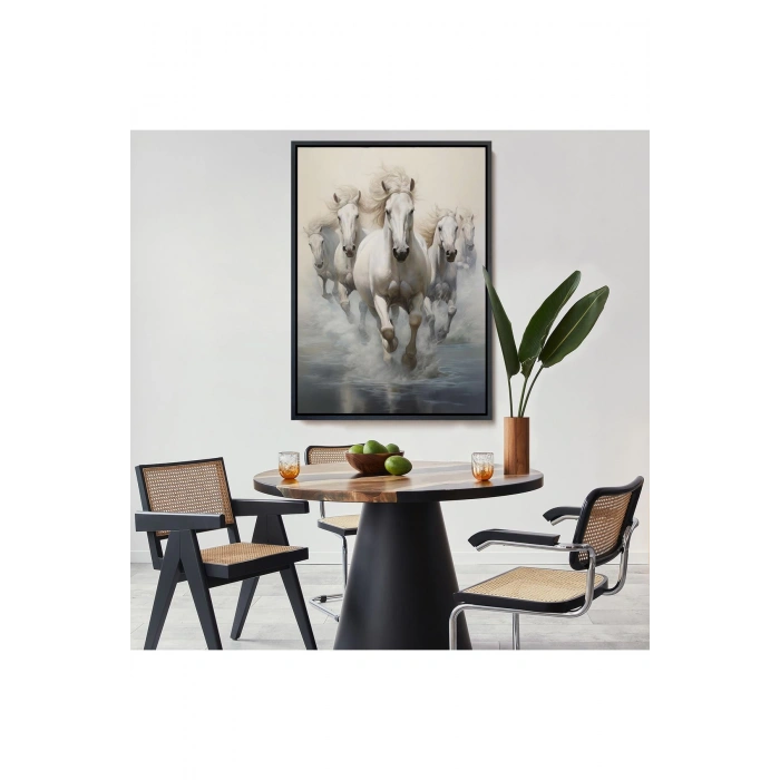 Ahşap Çerçeveli Suda Koşan Beyaz Atlar Tablosu-8000
